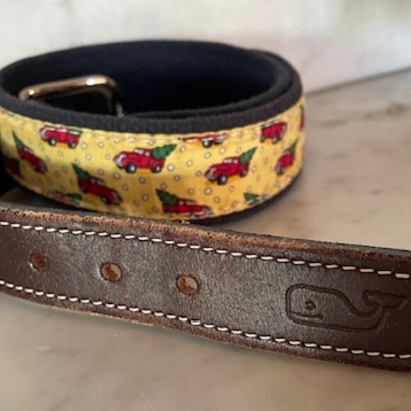 VINEYARD VINES Red Truck Christmas Tree Leather Fabric Canvas Belt 28 - Picture 2 of 16